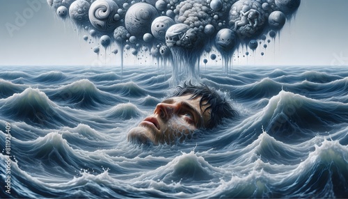 Person drowning in a vast ocean, with thought bubbles surfacing around them, depicting the anxious thoughts