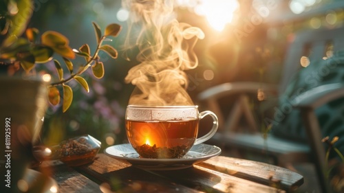 vapor of sleep-inducing herbal tea rises in the cool evening air, emphasizing relaxation and wellness