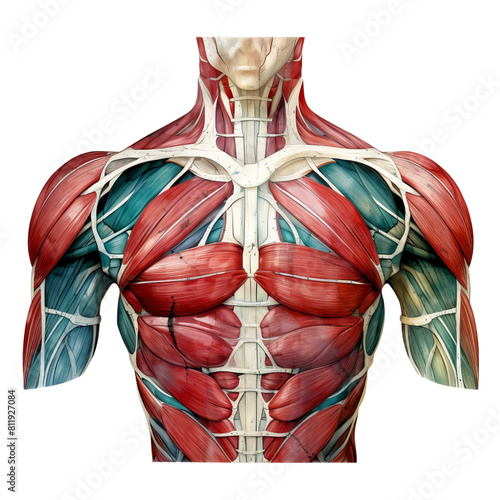 This image shows a detailed view of the human muscular system, including the pectoralis major, deltoids, and trapezius muscles.
