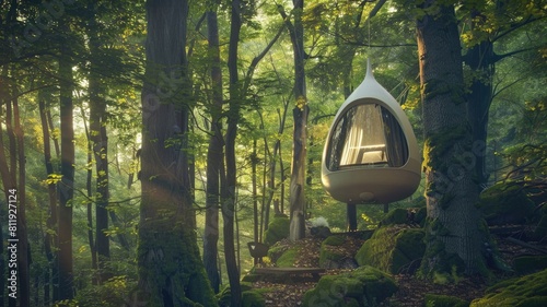 cozy sleeping pod suspended among towering trees, with panoramic views of the forest floor below,