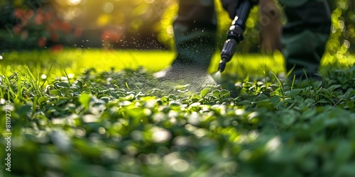 Pest control: sprinkling a green grass with insecticide. Generative Ai