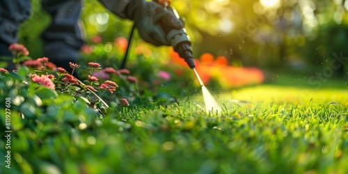 Pest control: sprinkling a green grass with insecticide. Generative Ai