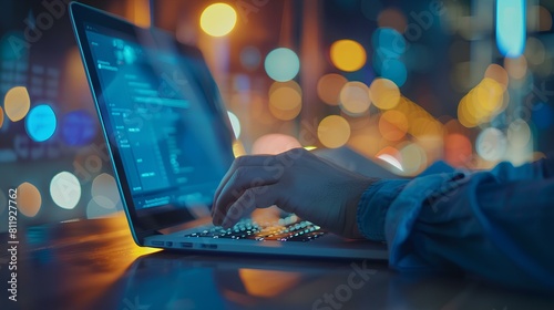 Blue neon light on a laptop screen. A person's hands are typing on the keyboard. The background is blurred with bokeh lights.