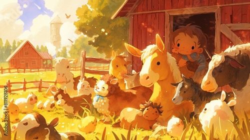 Farm party with animals, watercolor, barn backdrop, golden hour, side angle, cheerful neighs and baas
