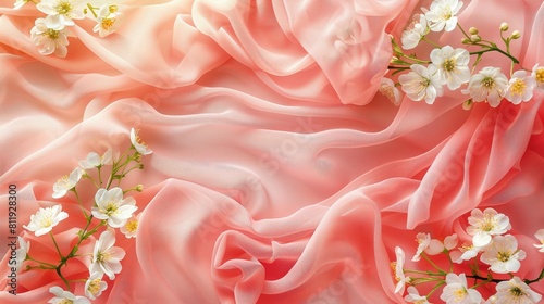 Na różowym materiale widoczne są białe kwiaty. Tło jest przeznaczone do projektów graficznych