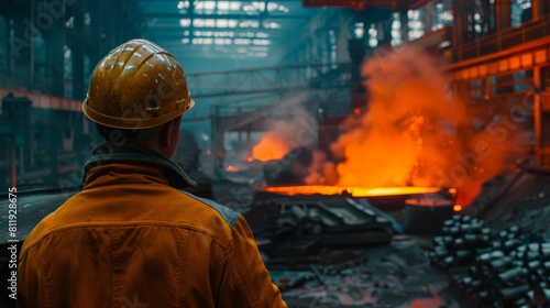 Steel mill worker looking at the molten metal being poured into a mold.