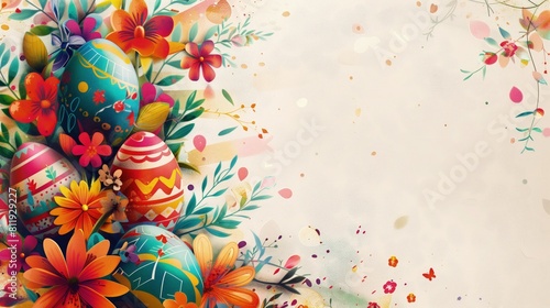 Na białym tle widoczne jest wiele kolorowych jajek i kwiatów. Kompozycja ta stanowi idealną ozdobę na kartkę wielkanocną lub inną wiosenną dekorację