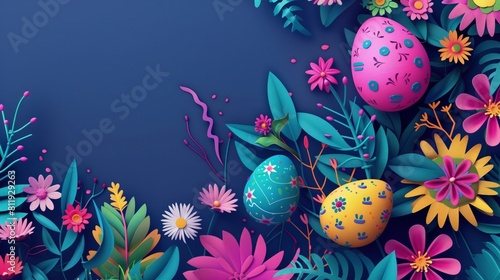 Na niebieskim tle widoczne są kwiaty i jajka, tworząc wiosenny motyw. Obrazek jest wykonany w jasnych, pastelowych kolorach, idealny na kartkę wielkanocną