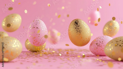 Na różowym tle lecą i unoszą się jajka wielkanocne w złotych i różowych kolorach, które są ozdobione różnobarwnym konfetti