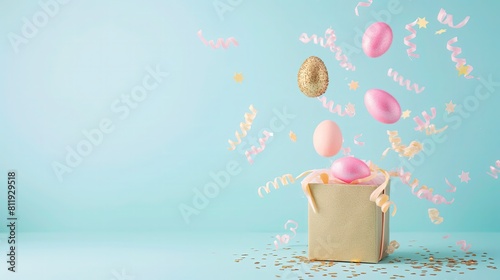 W pudełku znajduje się duża ilość różowego i złotego konfetti, które wylewa się na zewnątrz, tworząc kolorowy i radosny obraz