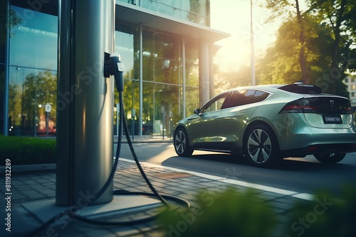 Electric car charging on electric car charging station. Eco power concept.