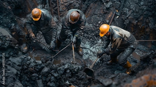 Industrious Chinese Workers Digging Oil from a Dark Underground Pit