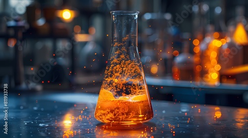 Chemical compounds reacting within a glass flask, the dynamic process captured in real-time on a computer screen, showcasing the beauty of molecular synthesis and transformation