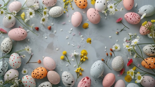 Na stole usłane są różnorodne jaja w różnych kolorach, tworząc kolorowy i radosny widok, idealny na Święta Wielkanocne