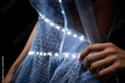 Woman wearing solar-powered clothing. Solar cells integrated into fabric. Innovation and potential for self-sustaining energy in wearable fashion. Sustainable fashion with flexible batteries.