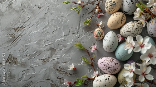 Na obrazie widzimy kumulację jajek ułożonych na blacie stołu. Jaja leżą obok siebie w różnych kolorach
