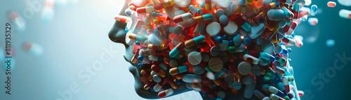 The outline of a person's head filled with various medications and pills could represent an overconsumption of drugs and unnecessary medication use, reflecting unhealthy habits and behaviors.