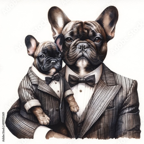 French Bulldog wear smoking jackets in Father's Day watercolor illustration