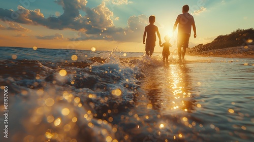 Family walk on the golden sand on the seashore against the sunset