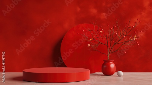 W tej scenie widzimy czerwony wazon z kwiatami na tle czerwonej ściany. Kwiaty wydają się być kolorowe i pachnące