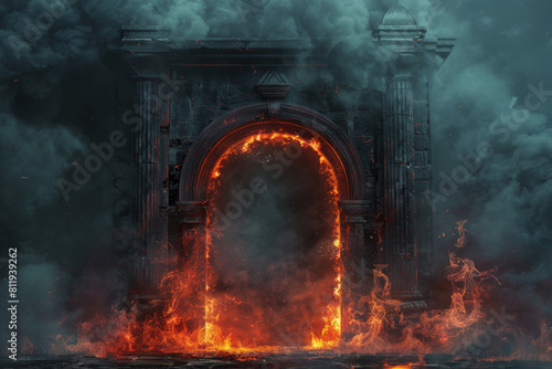 Generate a drawing of a cursed gateway to hell, surrounded by billowing smoke and flames, created using AI technology.
