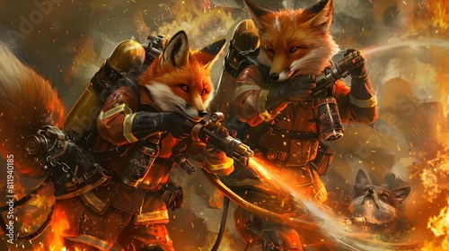 Fearsome Fox Warrior Engages in Furious Fantastical Battle Amid Raging Flames and Explosions