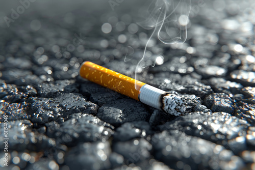 Discarded cigarette on wet asphalt, still smoking, highlighting the problem of littering and pollution.