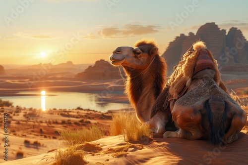 A camel sitting on the sand in the desert with a lake in the background and the sun setting in the sky.