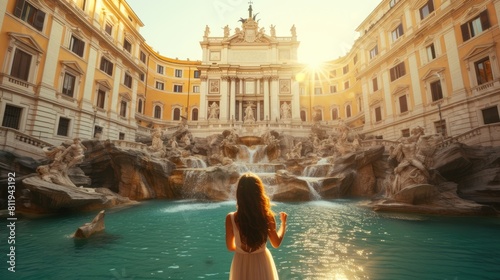 Back view of young cute woman looking at beautiful elegant tourist attraction with waterfall. Attractive tourist standing in front of elegant palace or architectural building and modern statue. AIG42.