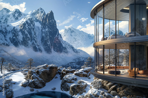 ski resort in the mountains, A luxurious mountain-side retreat, perched on the edge of a precipice overlooking a rugged winter landscape