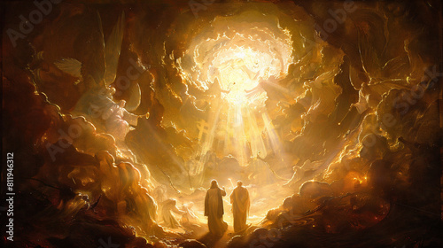 heaven's gate, Saint Francis and a young man stand before the gate, Inside, a celestial celebration with angels blowing trumpets in clouds, warm and holy, God's veiled light shines down from above
