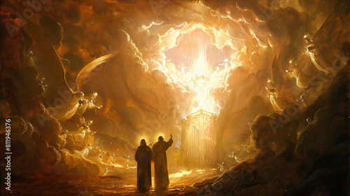 heaven's gate, Saint Francis and a young man stand before the gate, Inside, a celestial celebration with angels blowing trumpets in clouds, warm and holy, God's veiled light shines down from above