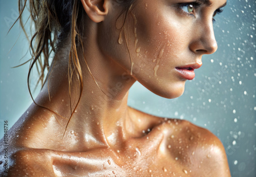 Wet Beautiful sexy woman in shower. Female face and body under water drops