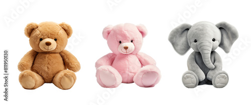 Three cute and cuddly stuffed animals. A brown bear, a pink bear, and a gray elephant.