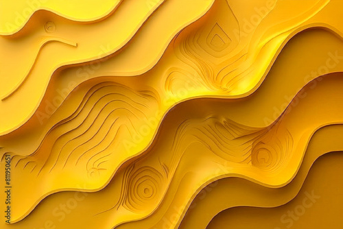 Minimalistic yellow abstract background with soft 3D waves. Glossy wavy embossed texture horizontal banner. Design for summer, party, birthday, children theme.