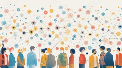 People of various colors and styles stand in a row against a white background with a smattering of multicolored dots.
