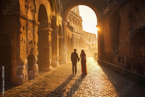 Portrait of attractive cute lover holding hands and walking at colosseum at sun set. Couple of energetic tourist enjoy looking at impressive view and enjoy exploring ancient tourist attraction. AIG42.