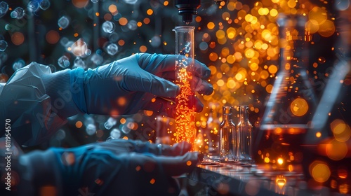 Scientist carefully pipetting DNA samples into a glass flask, capturing the intricate dance of molecules under the microscope. A vivid swirl of colorful compounds reacting within the confines