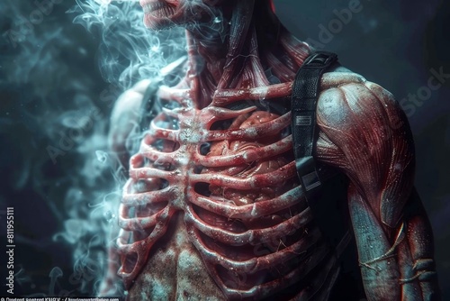 The photo shows a man with his skin peeled off, his ribs and organs exposed. He is smoking a cigarette and looking at the camera. The image is very graphic and disturbing.
