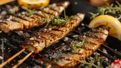 Grilled skewers of mackerel with lemon.Grilled fish kebab 
