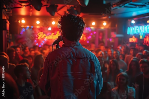 a Pride comedy night, LGBTQ+ comedians performing in a lively club setting