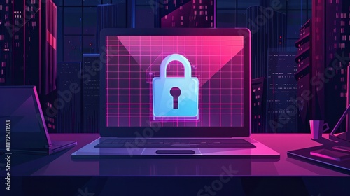 Laptop computer security icon, flat cartoon desktop pc with closed lock, concept of firewall protection, privacy access, private data, safety service or system, prohibit or forbidden access image 