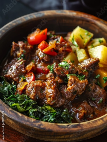 Zimbabwean sadza in a wooden bowl, with a side of greens and meat stew. A traditional and hearty dish from Zimbabwe.