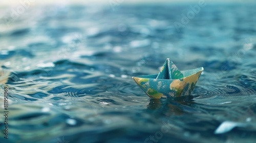 A paper boat representing Earth sails on the vast ocean embodying themes of faith and religion