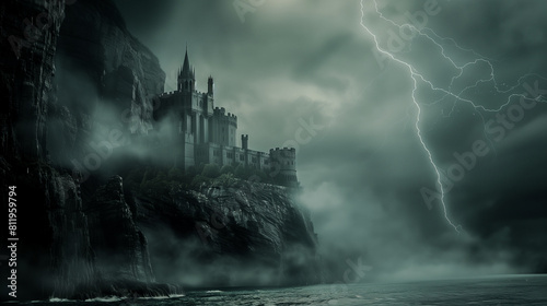 A dark castle on a cliff surrounded by thick fog and visible lightning in the sky. 