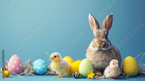 Królik siedzi spokojnie przed grupą jajek, patrząc na nie uważnie. Jego uszy stoją dumniutko, a futro wygląda mięciutko i puszysto