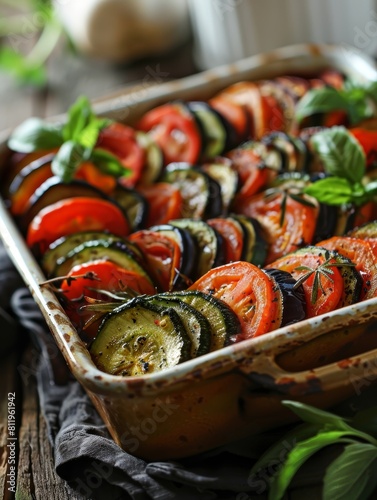 French ratatouille presented in a rustic baking dish, showcasing colorful slices of zucchini, tomato, eggplant, and bell pepper. A traditional Provencal vegetable stew bursting with Mediterranean.
