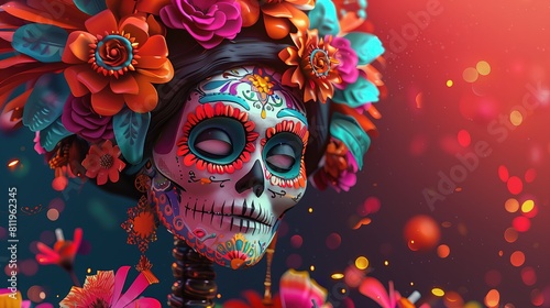 Kolorowa czaszka ozdobiona kwiatami na głowie, nawiązująca do tradycji i atrybutów Día de los Muertos. Obraz przedstawia sztukę i kreatywność