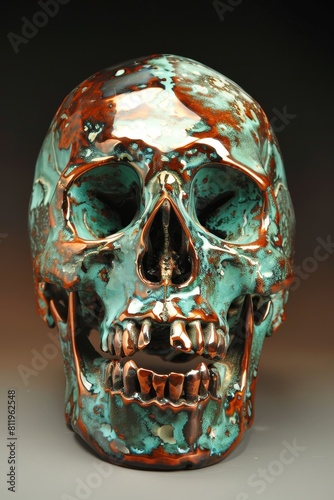 Verdigris Patina Copper Skull Sculpture 