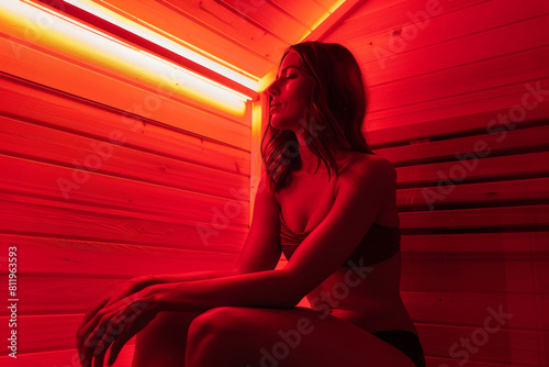 Young woman sits contemplatively in a warm glow, enjoying a peaceful moment in the therapeutic environment of an infrared sauna